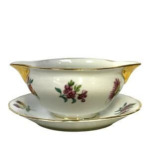 AJCO (AJ07) Vintage 1930's Gold Trim 'Flower' Gravy Boat/Attached Underplate